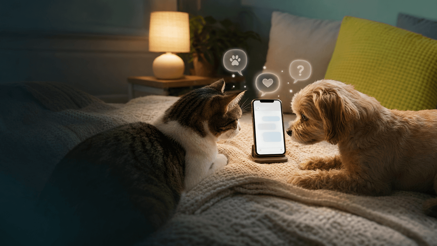猫狗坐在手机旁边像是在聊天